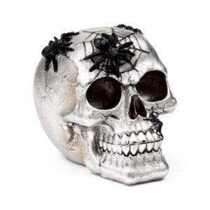 Decorative Ornament - Silver Skull with Black Spiders & Webs