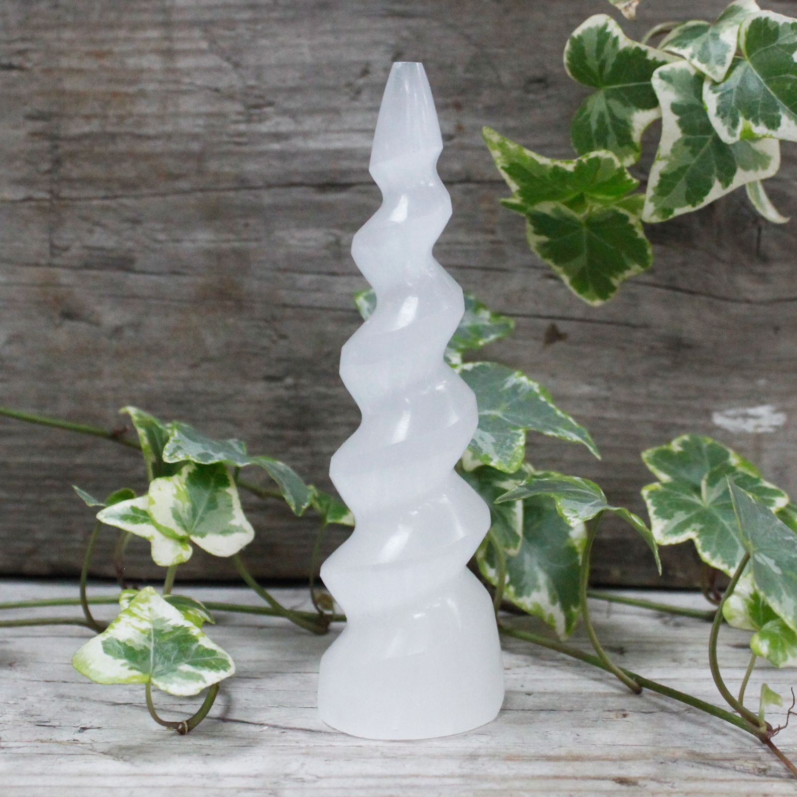 Selenite Spiral Unicorn Horn Tower - 15 cm 1 Selenite Spiral Unicorn Horn Tower - 15 cm